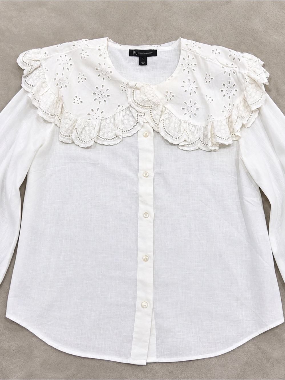INC 100% Linen White Eyelet Ruffle Peter Pan Collar Blouse L